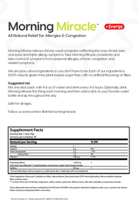 Nutrition facts for Morning Miracle, all-natural relief for allergies and congestion.
